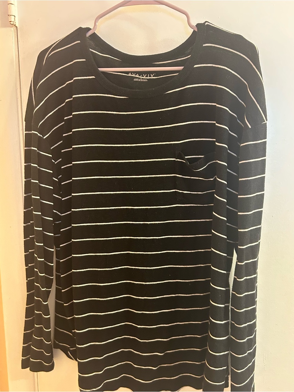 Ava & Viv Black and White Striped Long Sleeve Tee with Pocket